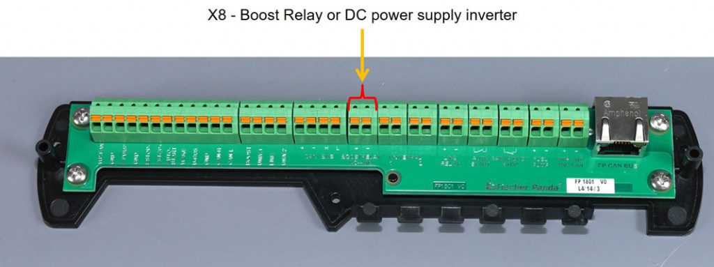 »fpControl Connection Board – Generator« (fpControl CB-G) with marked connector X8 for boost relay or DC power supply inverter
